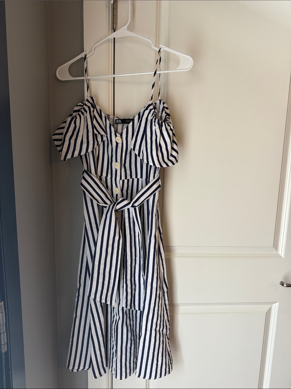 Zara Navy & White Striped Tie-Waist Midi Dress